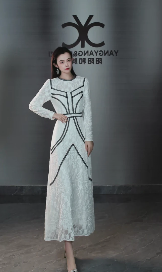 105436小众设计师品牌白色蕾丝裙子优雅唯美长袖连衣裙气质女神新
