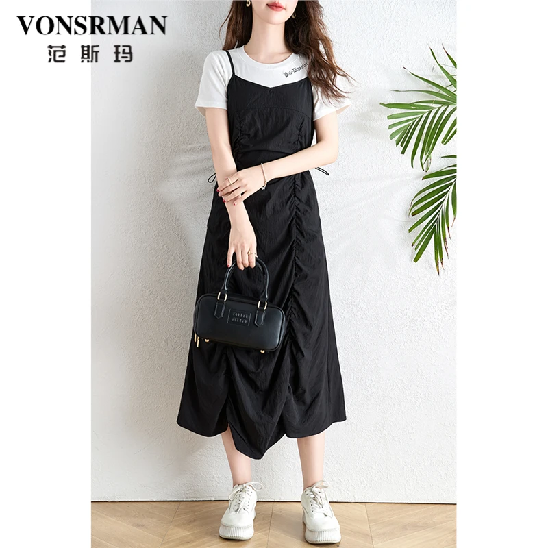 时尚设计感收腰吊带连衣裙女夏2025新款显瘦两件套T恤短袖套装裙