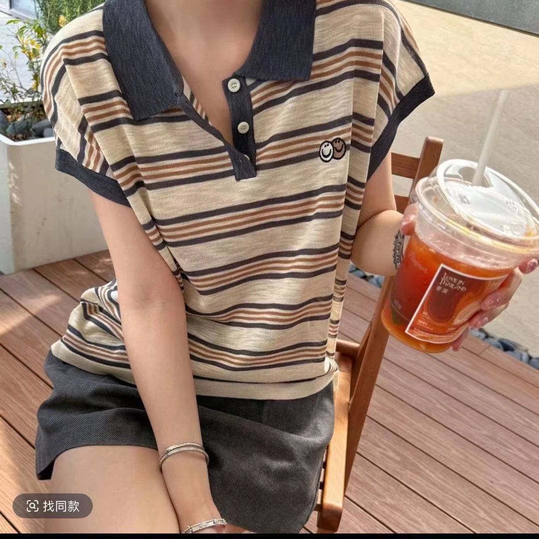 ZOZO-97326夏季新款韩系风撞色条纹笑脸短袖针织衫女宽松显瘦百搭