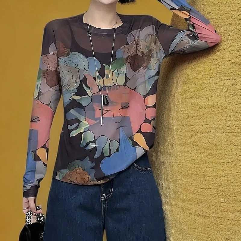 设计太阳感晕染印花网纱长袖T恤时尚休闲宽松圆领打底防晒衫