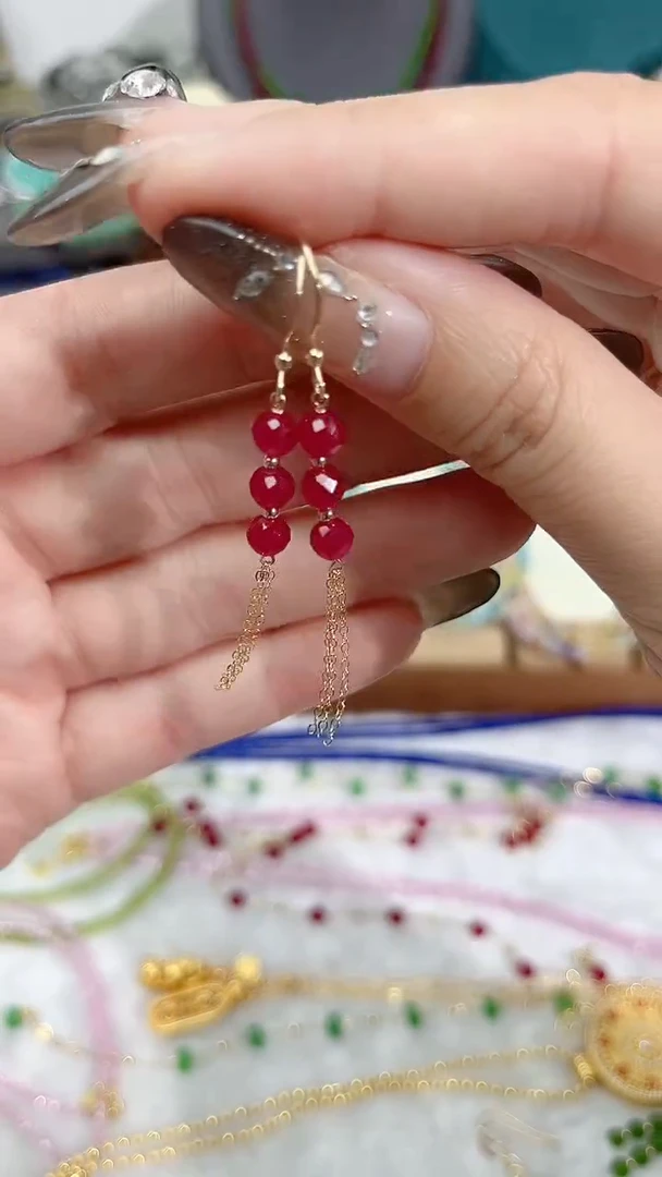 【闪购商品】红宝石耳饰14K金镶嵌三颗流苏69