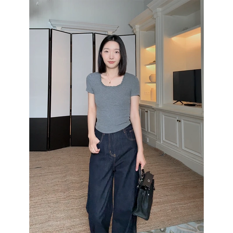 郭九九呢 棉质纯欲花边拼接U领正肩T恤高腰阔腿牛仔裤 G925Z07337