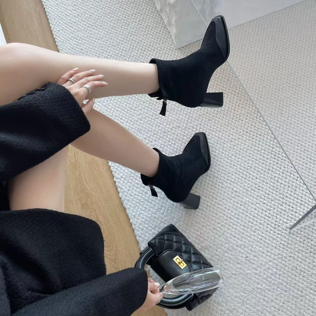 粗跟后拉链方头冬短靴复古秋冬气质靴子英伦风女靴单靴501-10