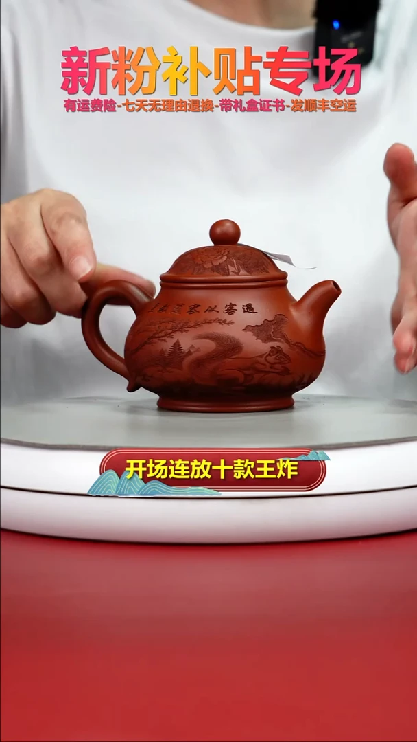 茶壶紫砂朱泥逍遥刻绘潘壶250cc