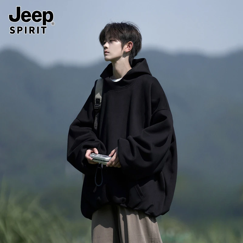 JEEP吉普美式复古重磅硬挺休闲连帽卫衣男潮牌大码帽衫秋冬季加绒