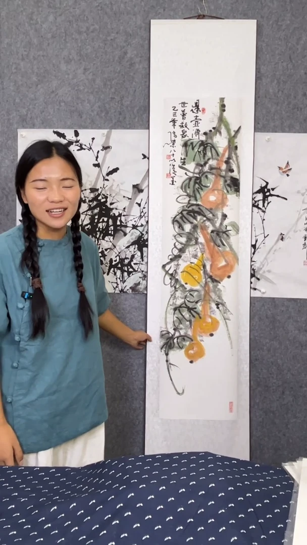 国画福禄图卷轴作品
