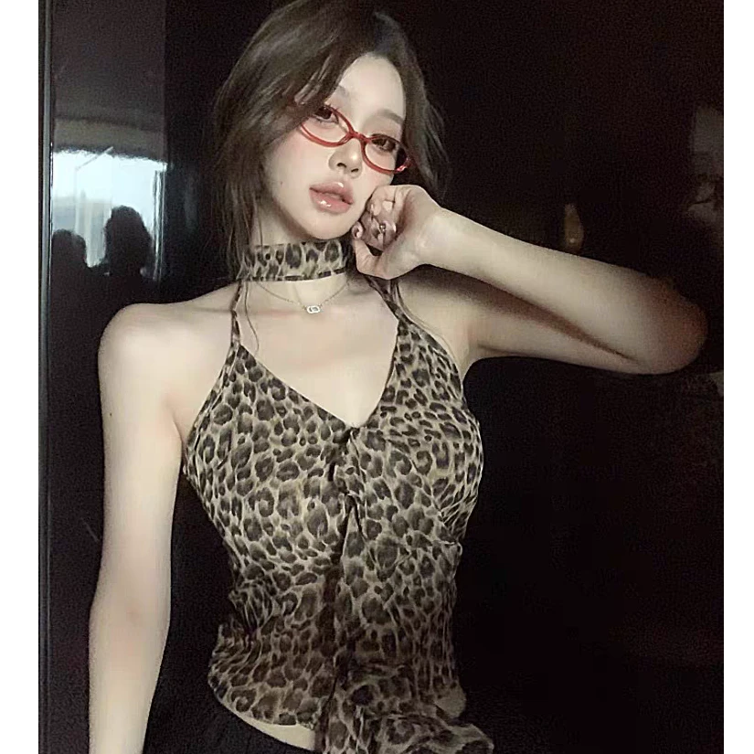 美式辣妹豹纹露背挂脖吊带小背心女夏季修身内搭短款外穿性感上衣