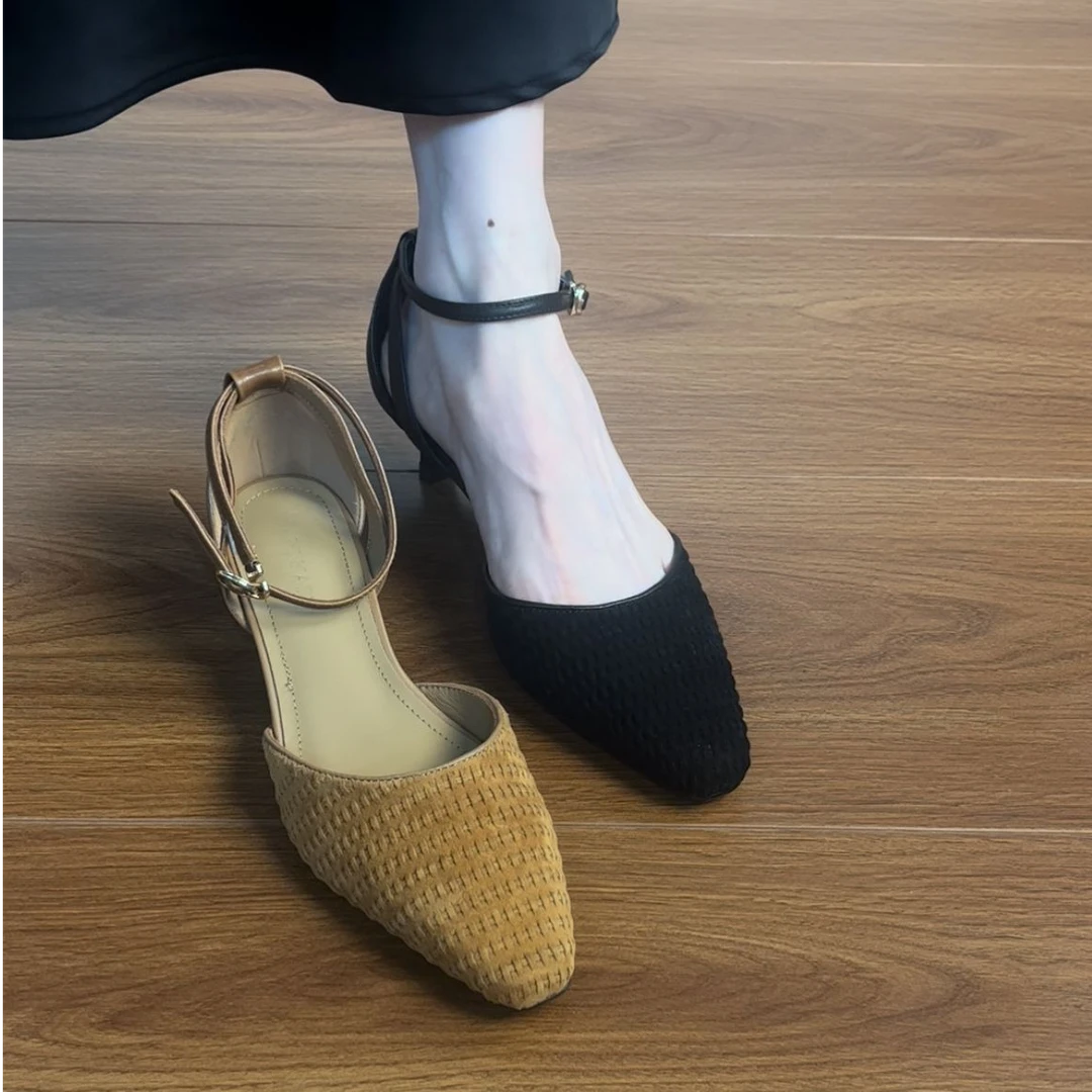 4CM头层牛皮复古气质方头粗跟小跟鞋女夏季气质优雅小空包头凉鞋