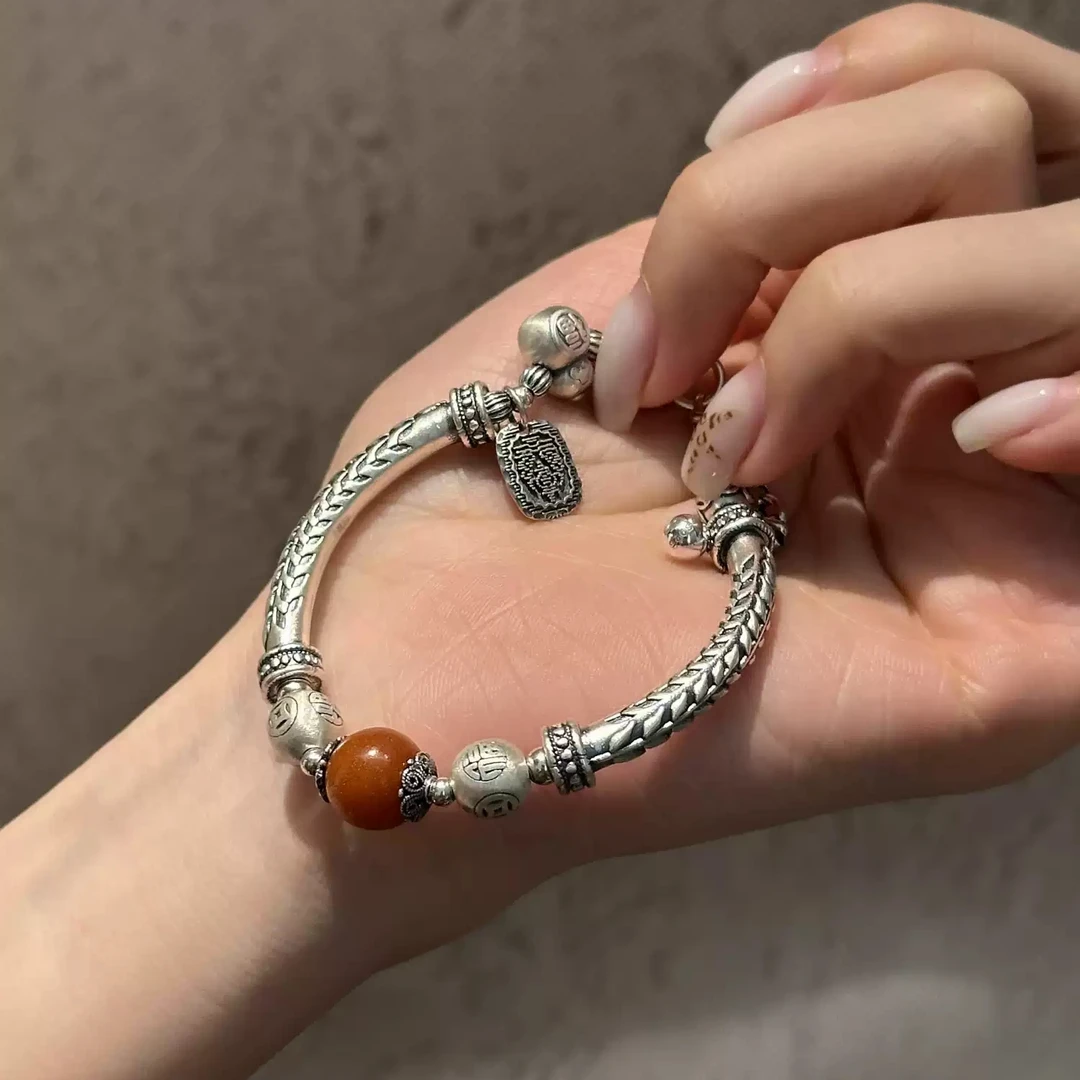 足银手链 S11849 足银麦穗弯管铜钱福字珠五条经文红珠手链多样