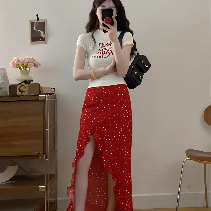 大码女装白色T恤女短袖夏季开叉花边裙摆设计长裙两件套装