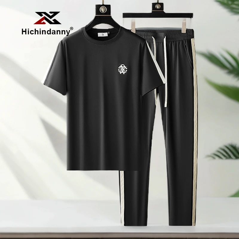 冰丝运动休闲套装男夏季圆领短袖时尚织带拼接丝滑弹力透气两件套