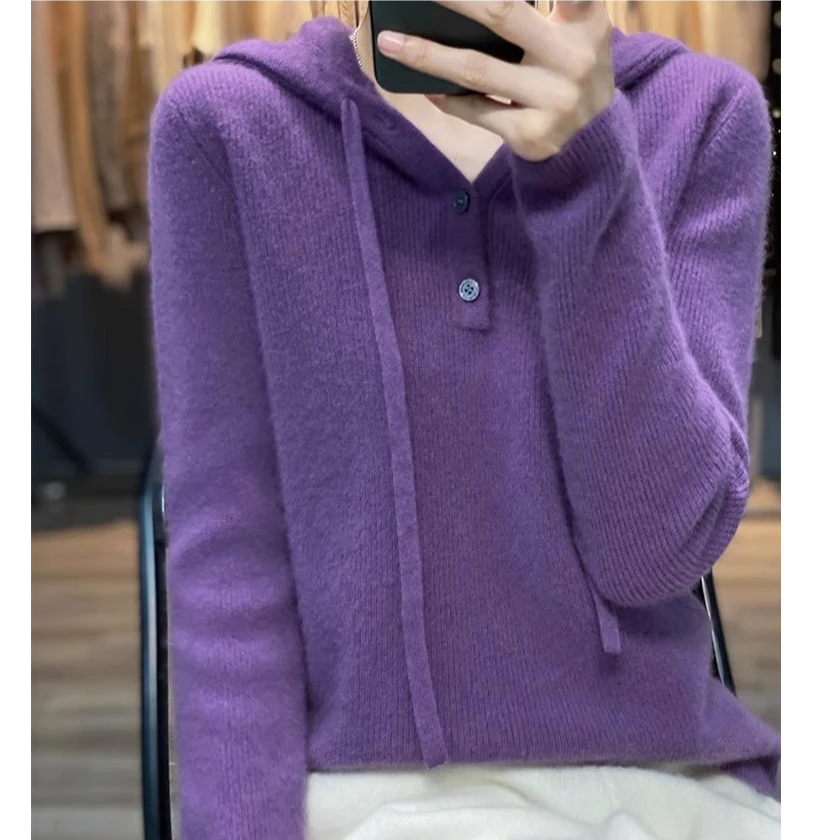 鄂尔多斯市加厚羊绒衫女秋冬新款纽扣休闲百搭保暖针织连帽卫衣