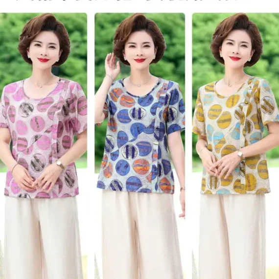 F324妈妈夏装洋气上衣40岁中老年女夏季短袖小衫大码遮肚