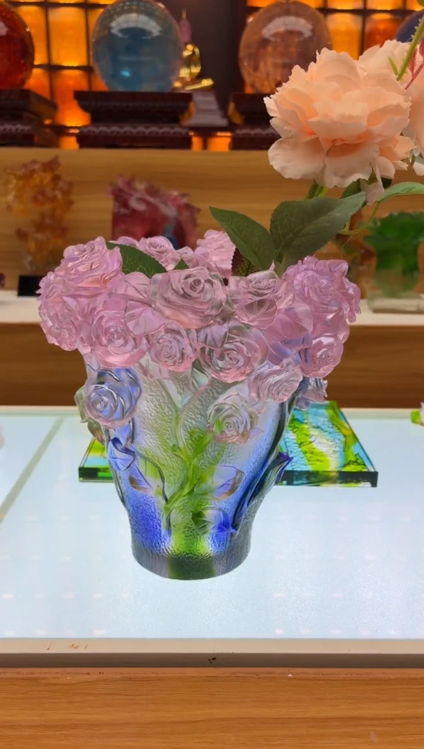 手工艺品琉璃缰*绳彩色玫瑰花花瓶家居摆件19公分