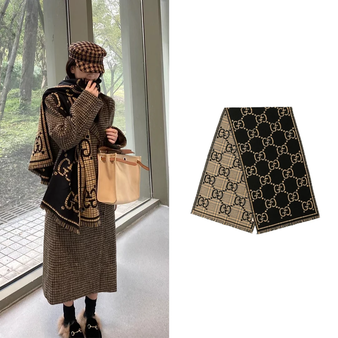GUCCI古驰 经典双G格纹 羊毛 绒线围巾 女款