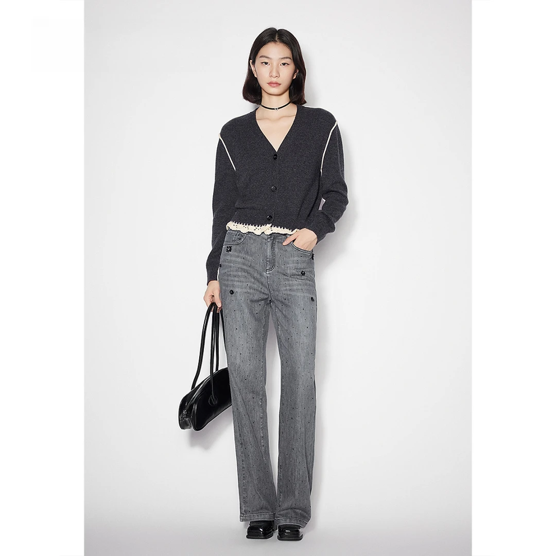 SALT.P可颜 2025年春季新款复古细闪亮片直筒牛仔裤AC35120250