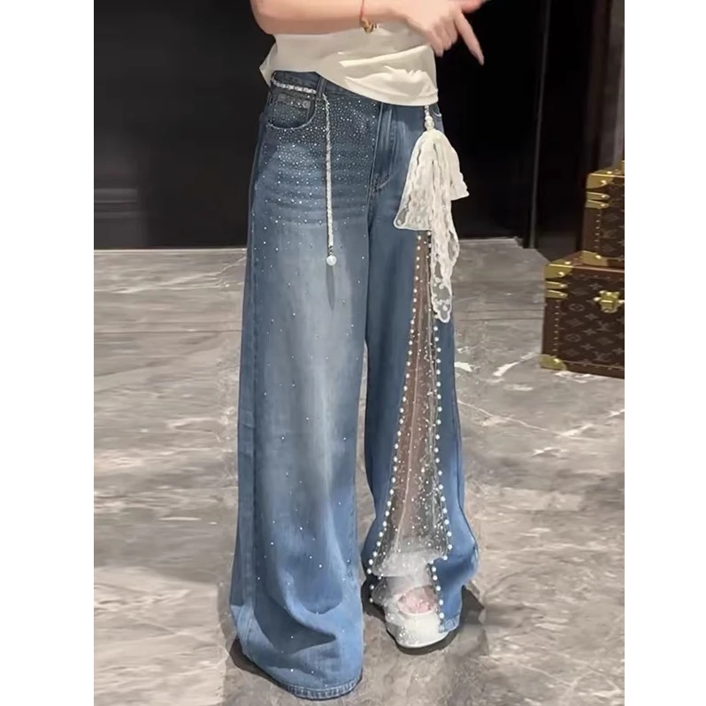 轻奢烫钻蕾丝网纱拼接设计感钉珠阔腿牛仔裤女款7635#【不含腰带】