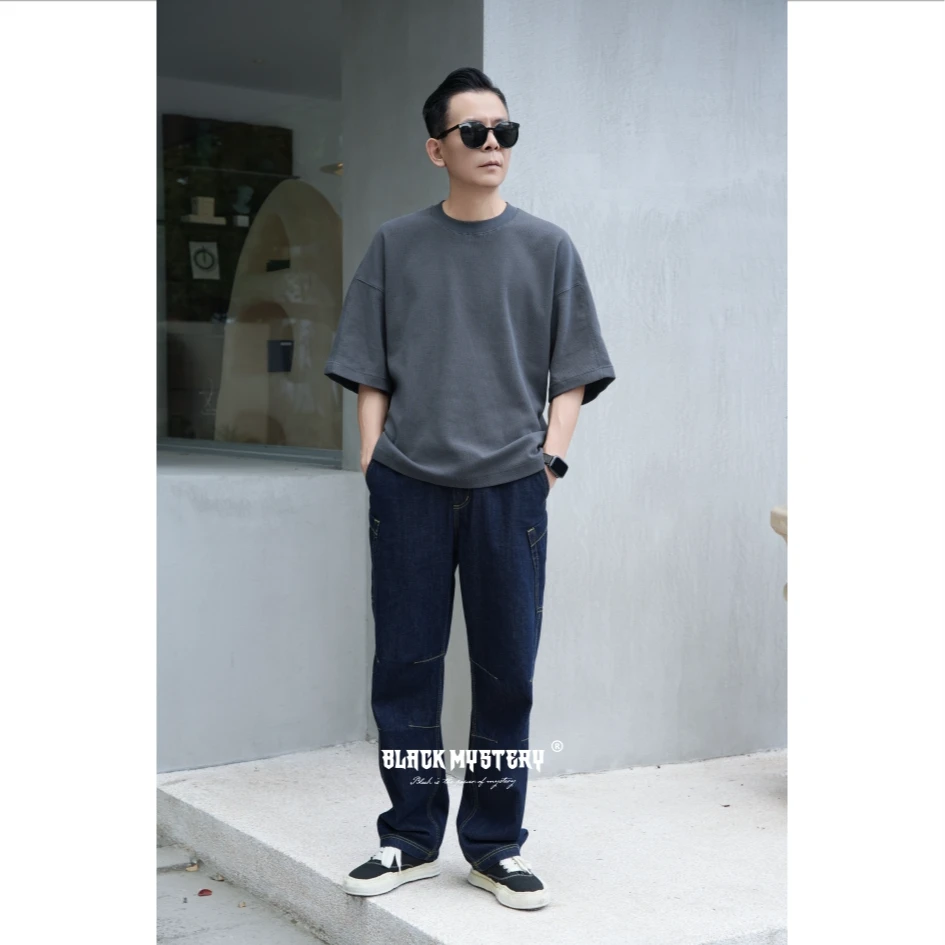 【BlackMystery】鹭影 重磅380克钻石肌理纹宽松六分袖圆领T恤 7027