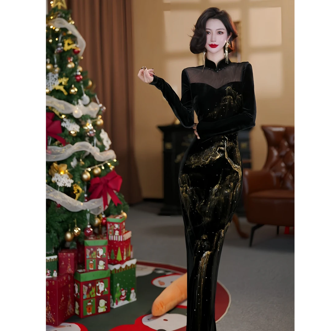 【大晶定制】新款气质旗袍重工手绘松柏丝绒修身连衣裙-DJ10103