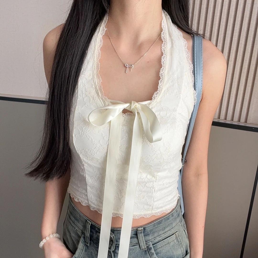 2025性感纯欲少女蕾丝背心花边挂脖蝴蝶结拼接美背带胸垫女系带