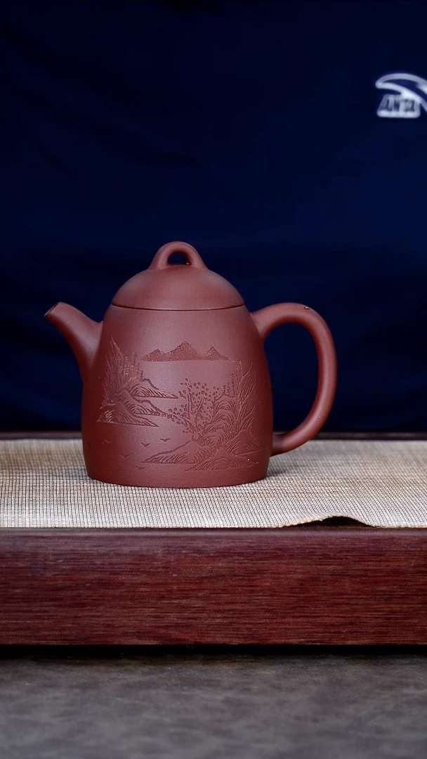 茶壶紫砂紫红秦权刻山水观山 文@@CH04915