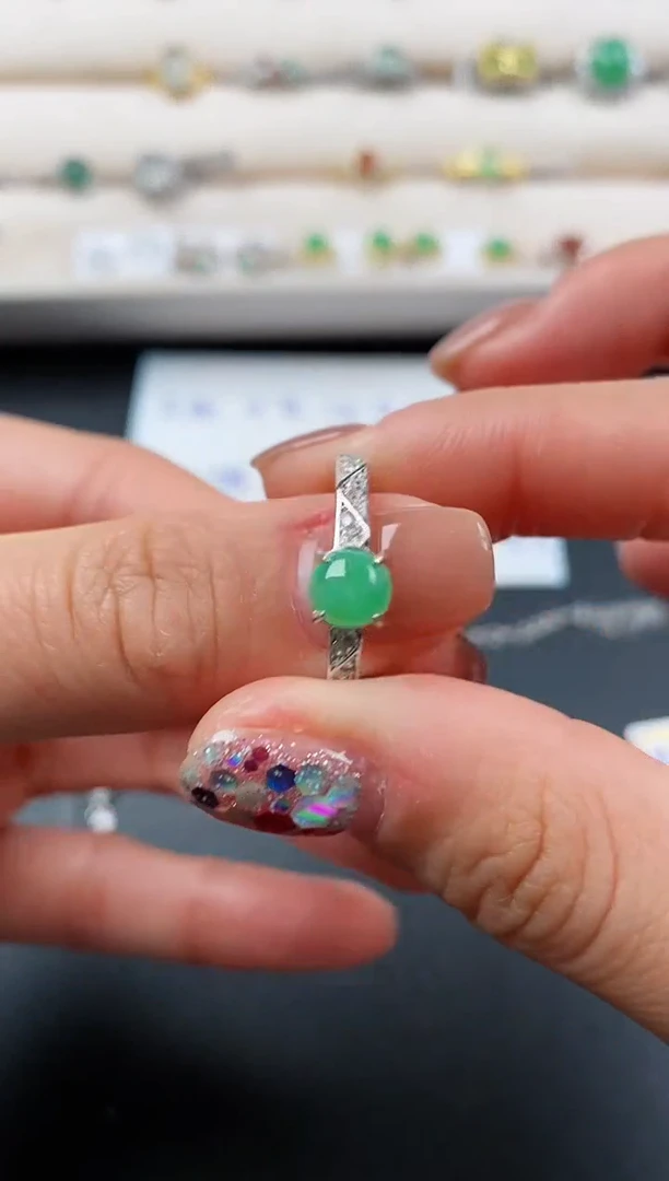 银S925镶嵌戒指翡翠天然缅甸A货翡翠33  1-5