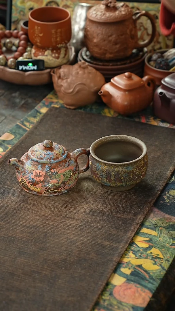 敦煌系列泥绘玄鸟紫砂壶+杯