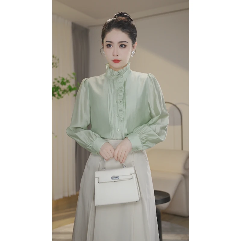 【曼曼甄选】欧若风薄荷绿衬衫女长袖2025新款8591095A法式气质衬衣