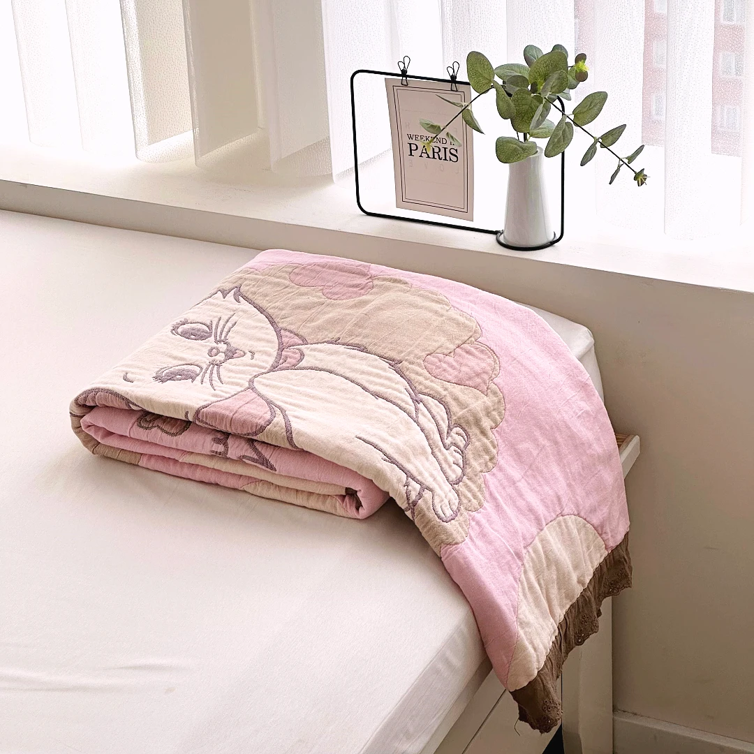 【京かわ会社】精品纯棉亲肤柔软泡芙被可机洗四季可用 粉色猫咪