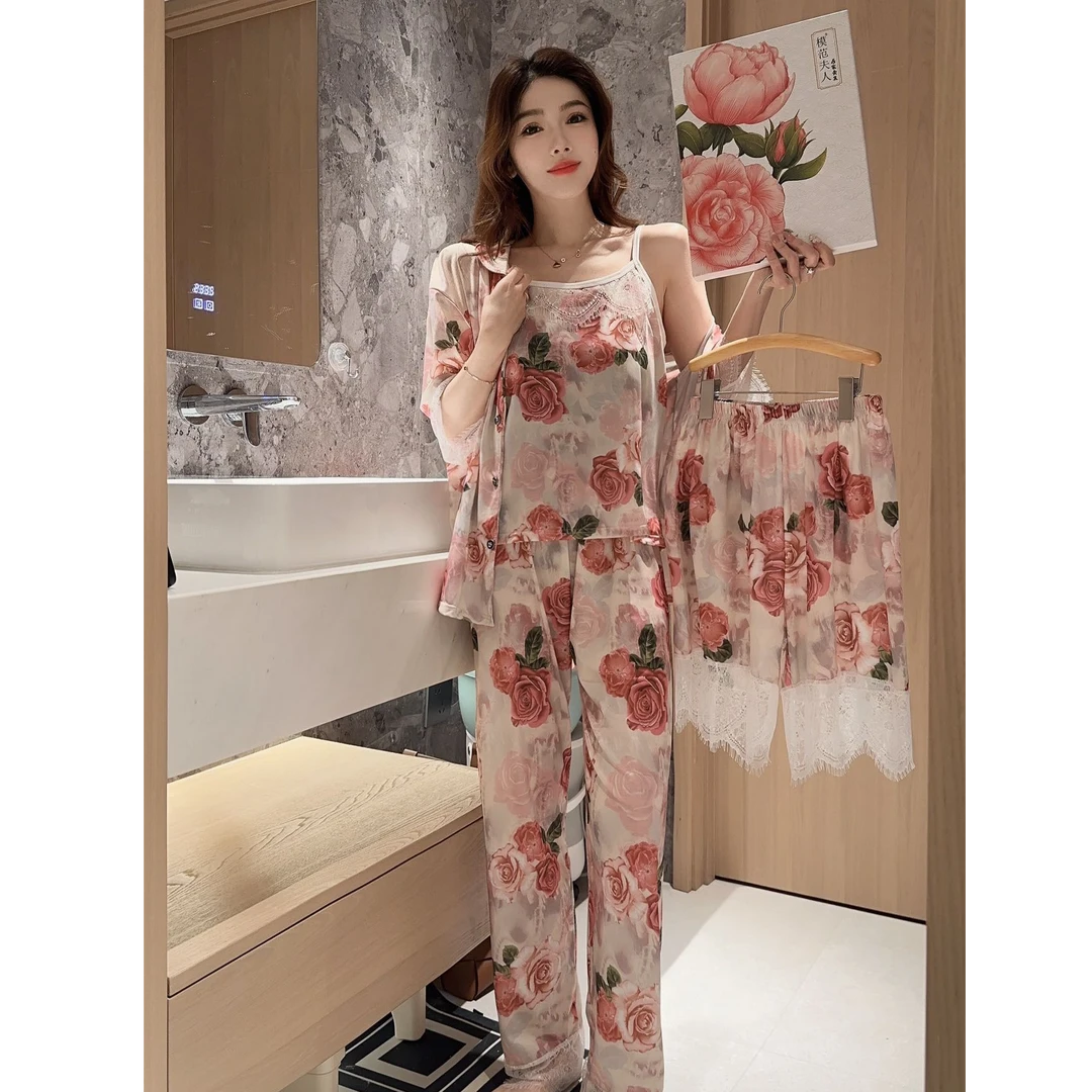 春夏新品玫瑰睡衣四件套女蕾丝边高级感轻奢家居服外穿睡衣礼盒装