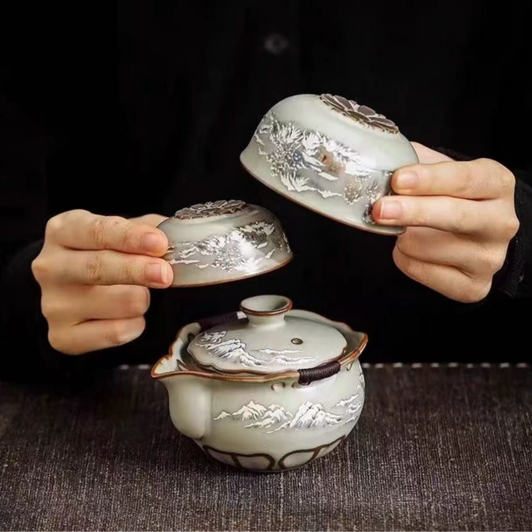 LH117-黄汝窑雪景山水旅行茶具一壶两杯