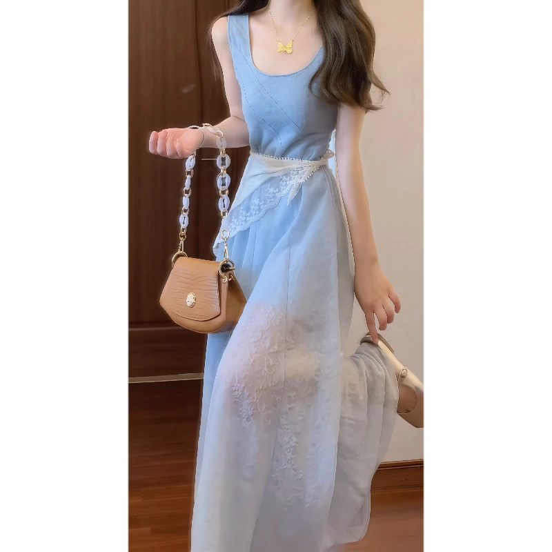 法式温柔蓝色U领吊带连衣裙收腰显瘦气质海边度假风长裙9530