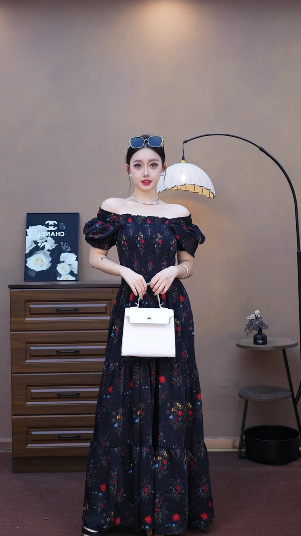 【990】泡泡袖夏季少女心事沙滩风黑色收腰复古碎花连衣裙裙子长裙