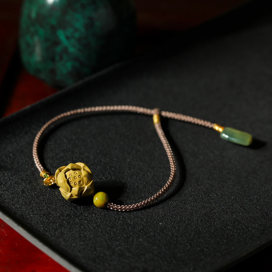 【意婵】天然高品原矿高瓷绿松石精雕花手绳18k金翡翠-907584