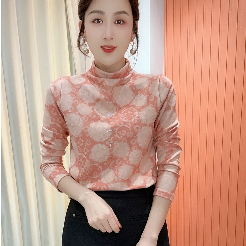 2025冬季新款半高领印花气质百搭长袖减龄加绒打底衫上衣女800