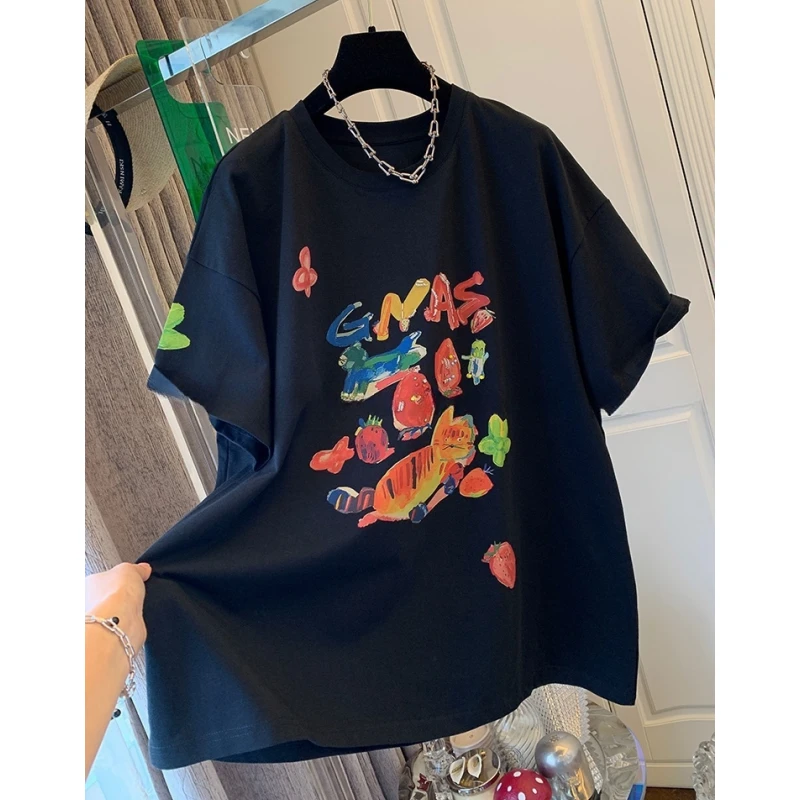独特超好看美式涂鸦猫咪草莓印花短袖T恤宽松大版上衣女2025夏装