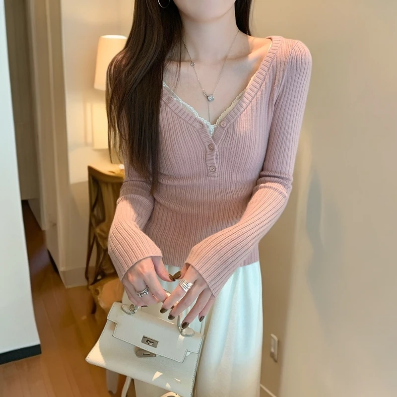 毛衣女 冬季韩系纯欲蕾丝打底衫针织拼接领内搭上衣高级感新款