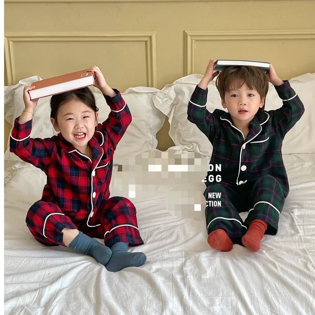 N4277儿童韩版萌娃穿搭百搭春秋 格子家居服套装GQ6026