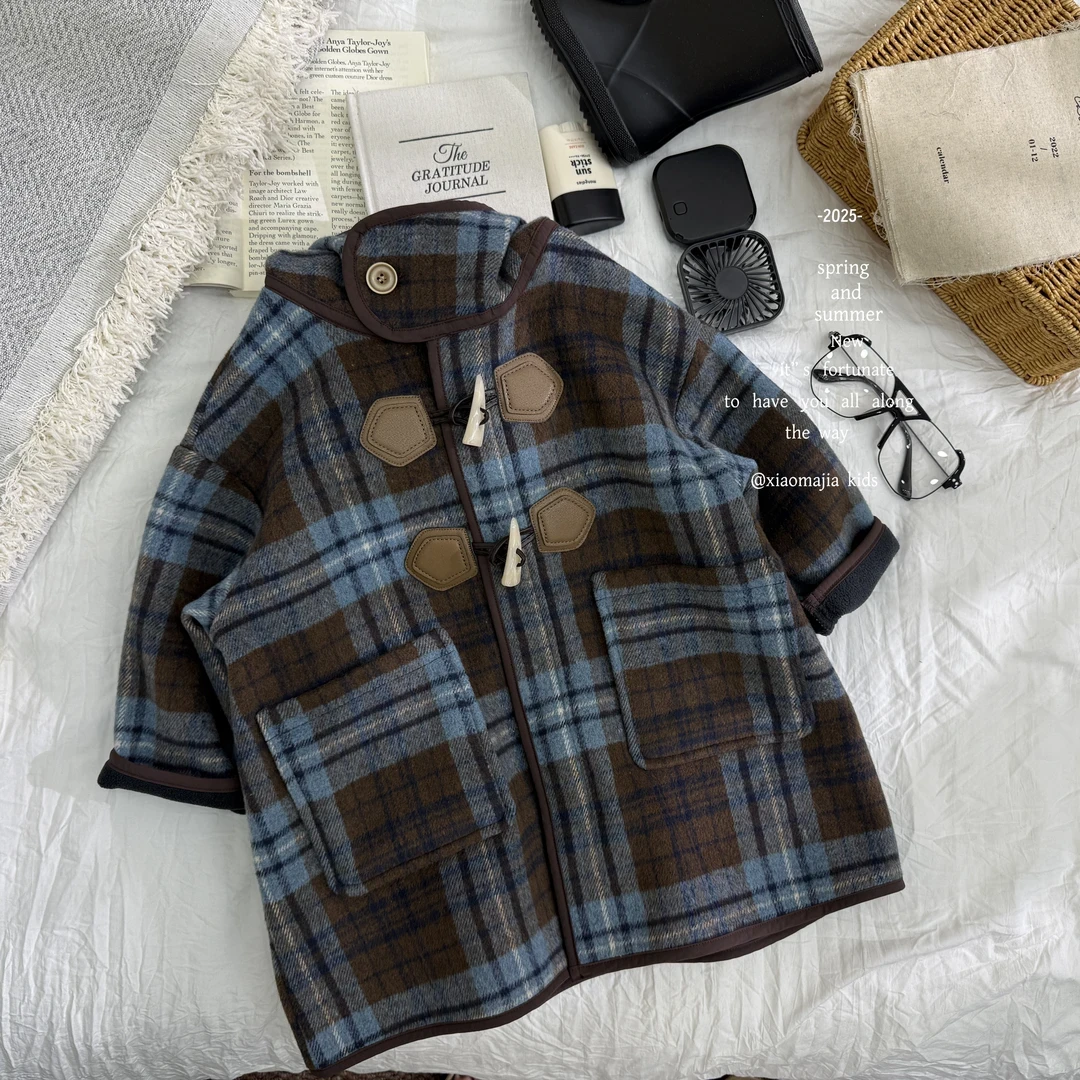 儿童外套2025冬款连帽格纹风衣男女宝宝宽松中长款加绒上衣呢大衣
