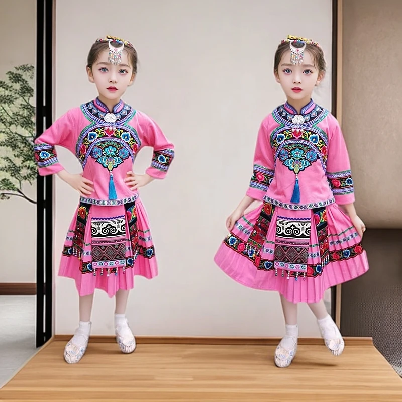 新款布依族土家族瑶族须须女童套装云南民族服装两件套粉玫红儿童