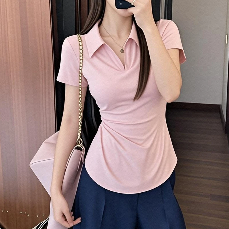 胖MM梦文 M25022时尚翻领T恤夏季新款洋气百搭显瘦上衣