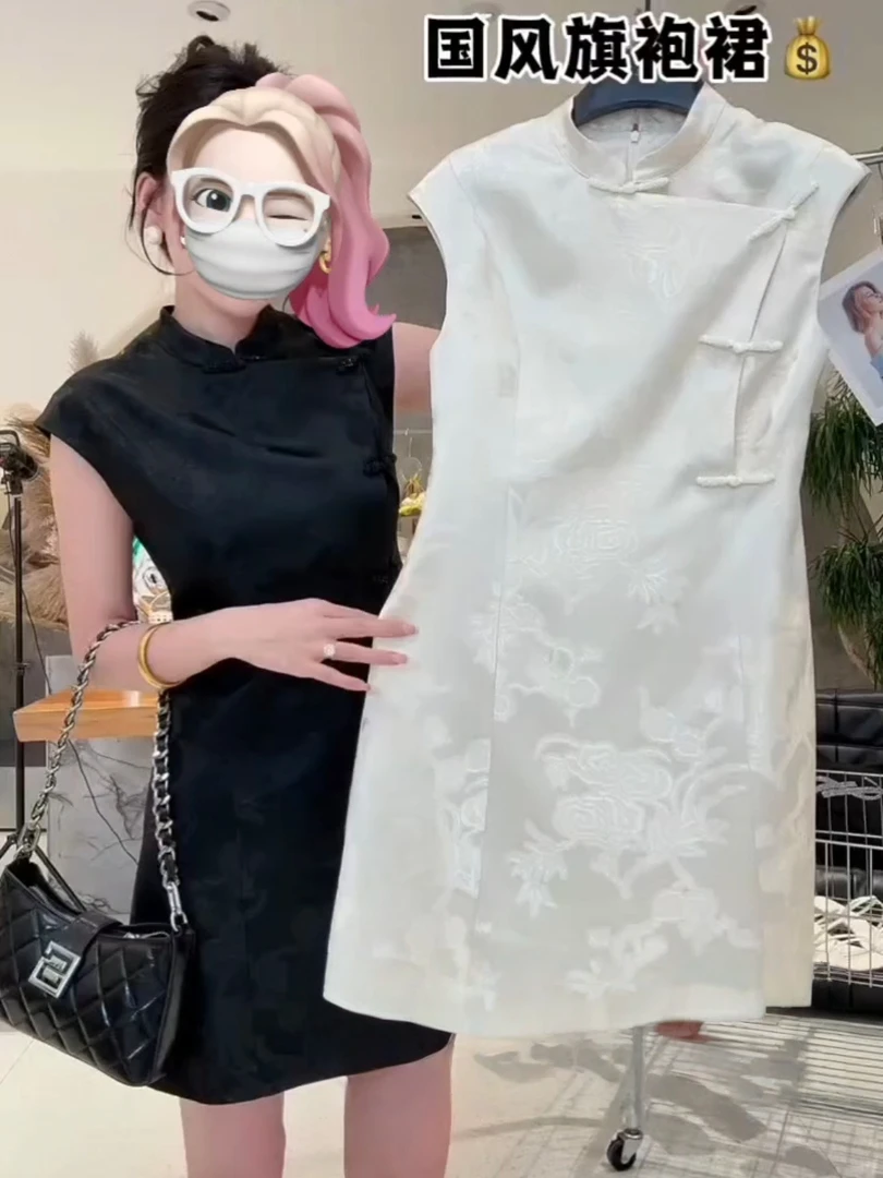 夏季新款国风新中式旗袍短袖连衣裙显瘦系扣印花提花气质A字裙