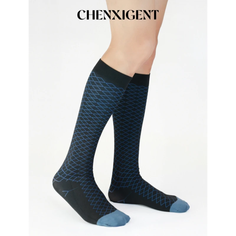 CHENXIGENT经典格纹系列男士正装菱形带脚趾英伦风高筒绅士丝袜