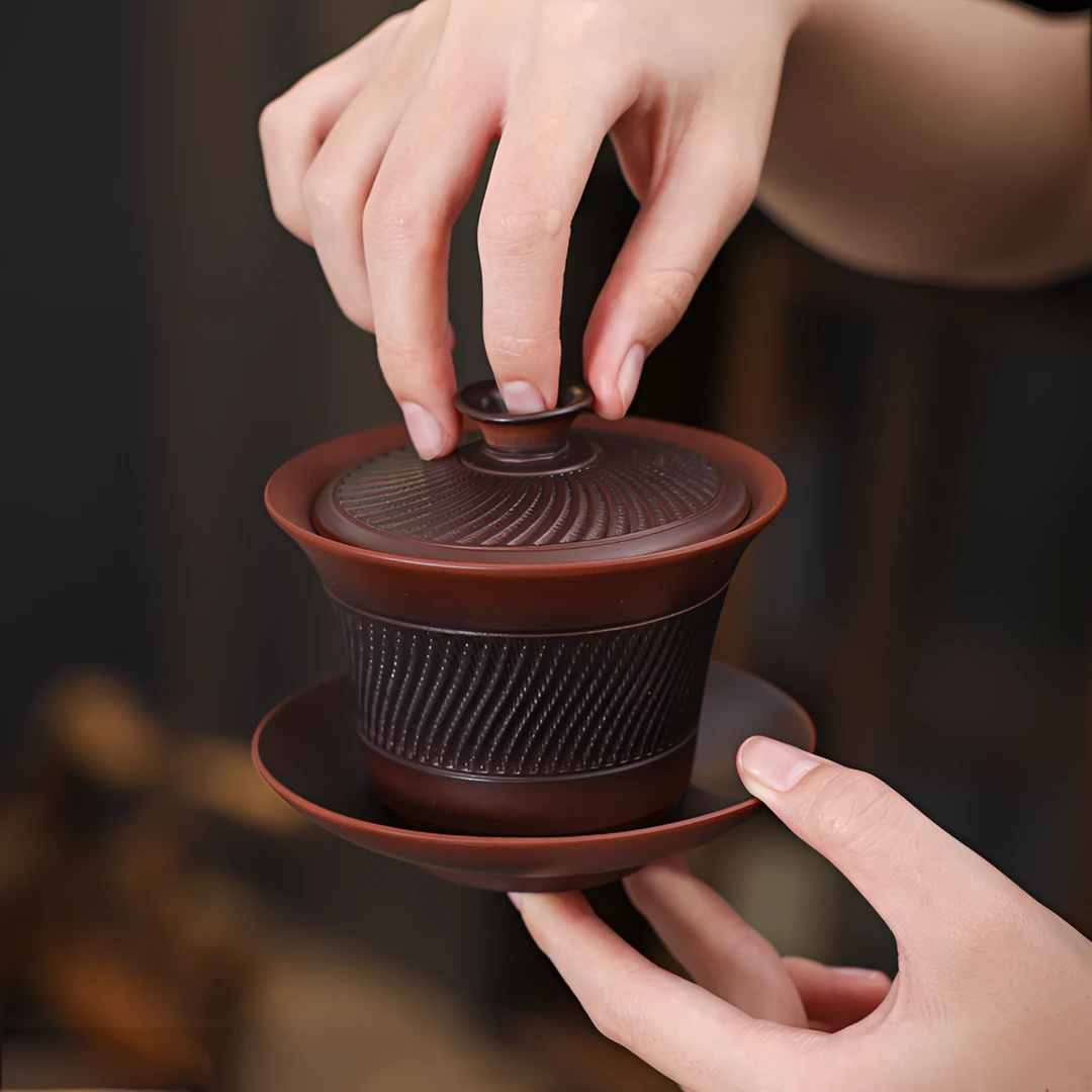 紫陶三才盖碗旋转悬停纯手工雕刻建水高端功夫茶具陶瓷带盖泡茶碗