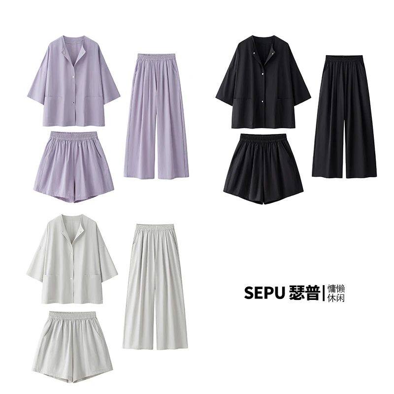 瑟普Y-319衬衣三件套女装2025新款爆款夏季休闲套装透气显瘦简约