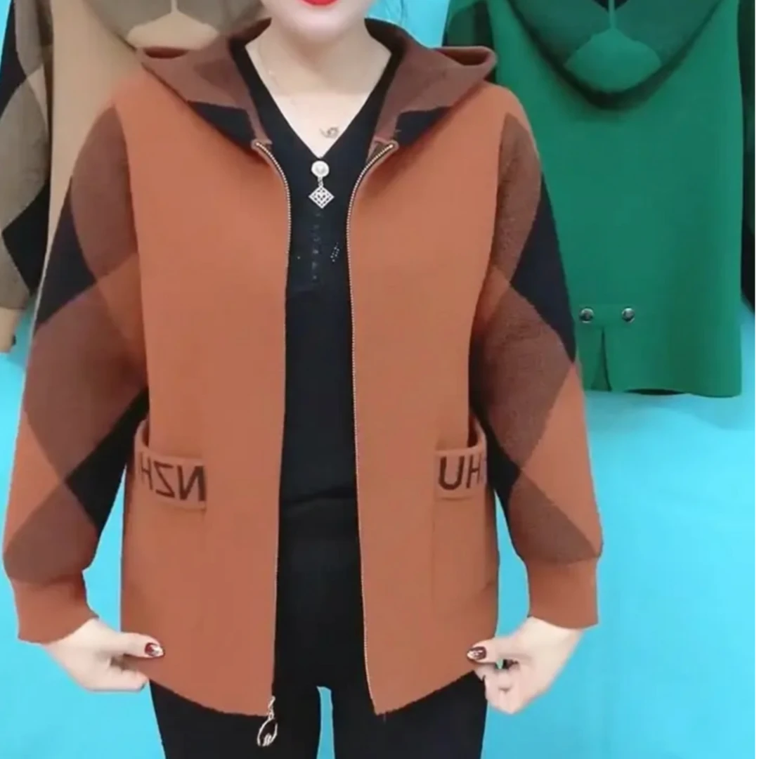 时尚中年妈妈加厚毛衣开衫2025秋冬新款高档气质减龄拼接连帽上衣