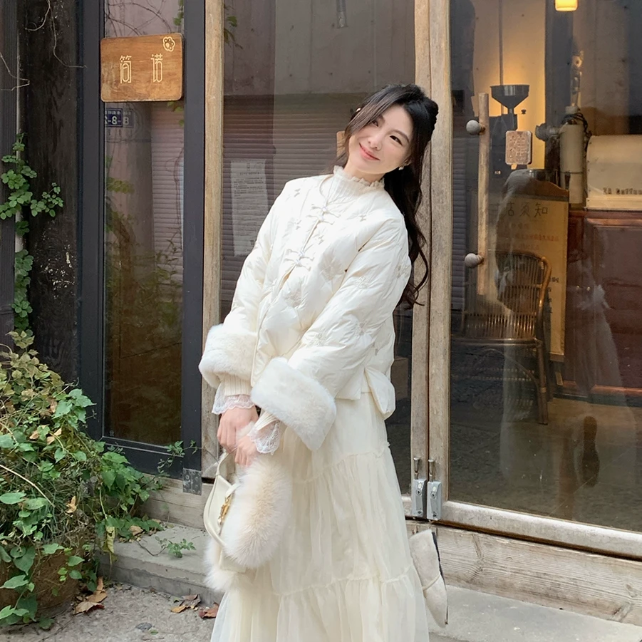 佐佐家小个子 90白鸭绒新中式刺绣羽绒服女冬季气质国风保暖外套