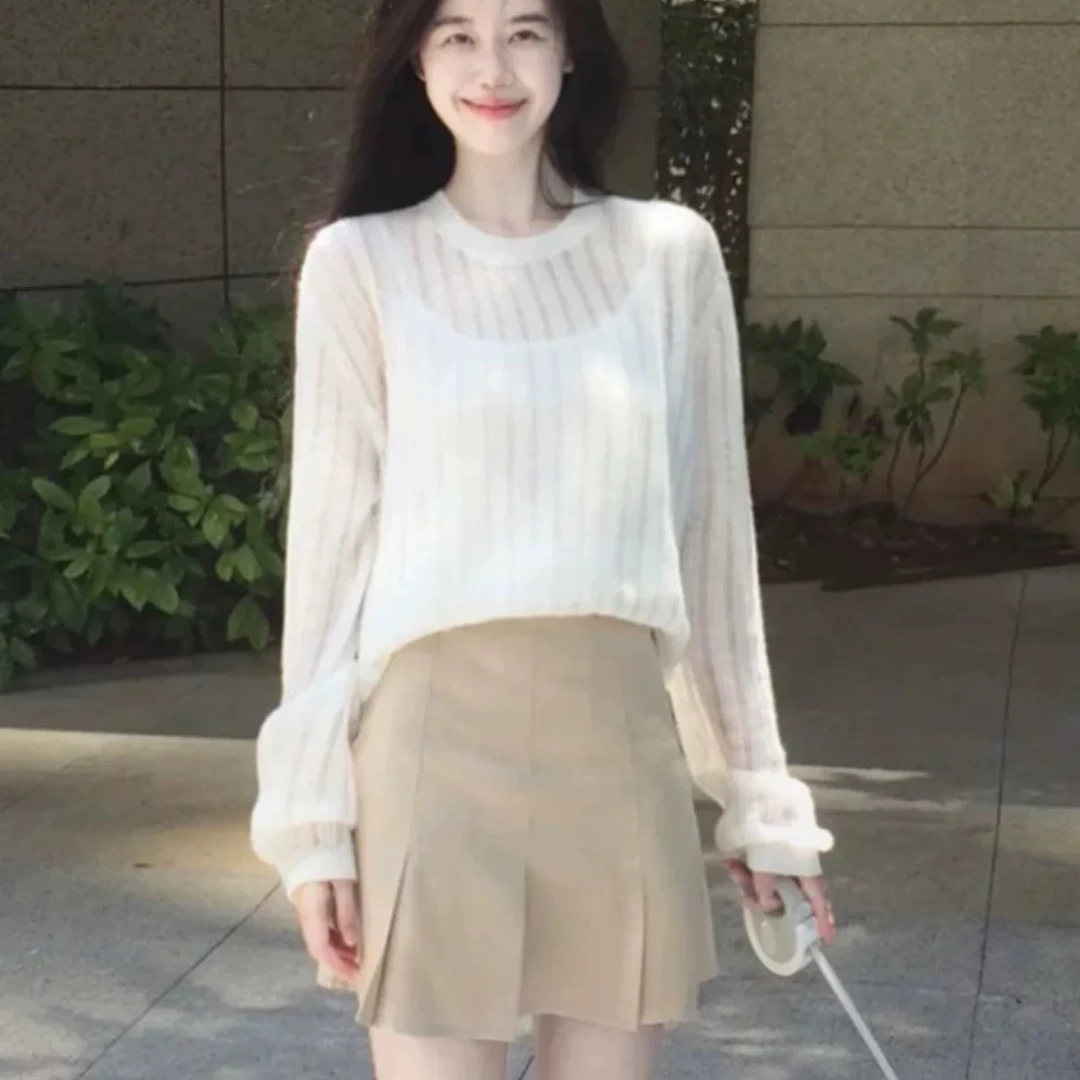 纯色长袖微透套头针织衫韩系氛围感穿搭镂空上衣 女129534