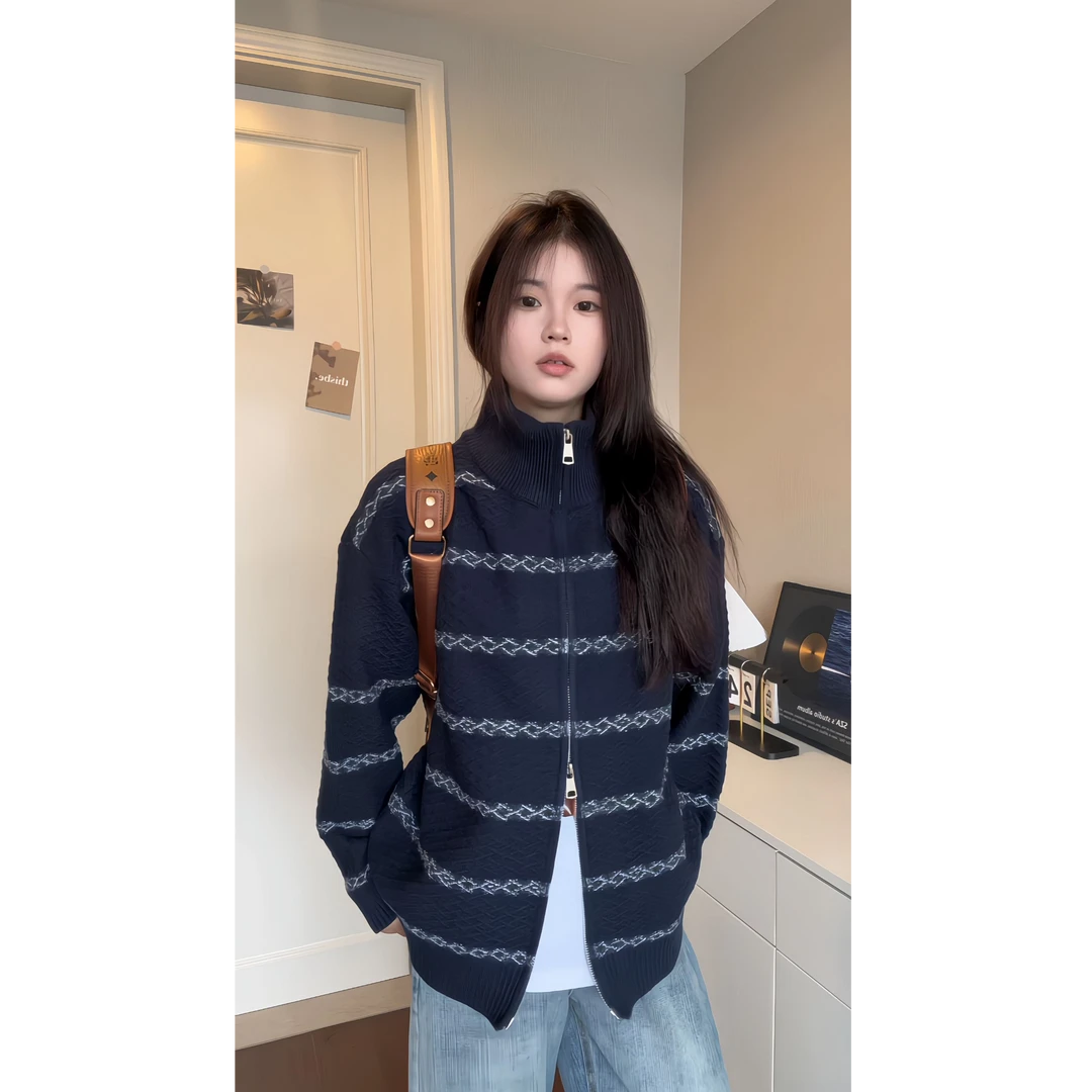 cleanfit立领条纹菱形针织开衫外套男秋季新款2025高级感立领夹克