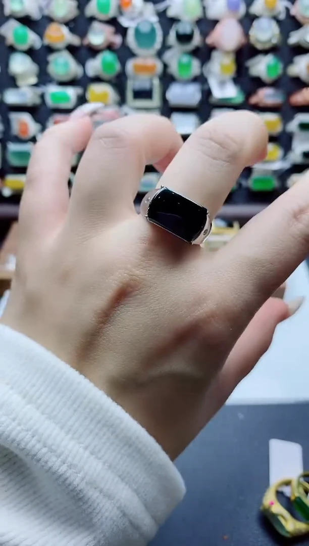 银S925镶嵌戒指翡翠天然翡翠a货男戒